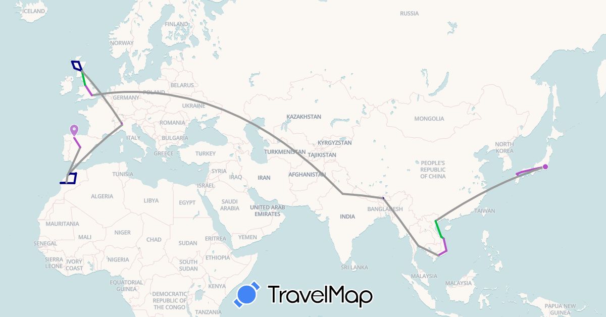 TravelMap itinerary: driving, bus, plane, train, boat in Bhutan, Spain, United Kingdom, India, Italy, Japan, Morocco, Thailand, Vietnam (Africa, Asia, Europe)
